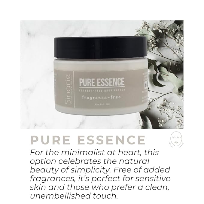 Sinarie Coconut-Free Body Butter | Luxurious Hydration with Shorea Butter, Evening Primrose Oil, Argan & Moringa Oil | Non-Greasy, Natural Ingredients | For Sensitive Skin (5.3 oz., Pure Essence)