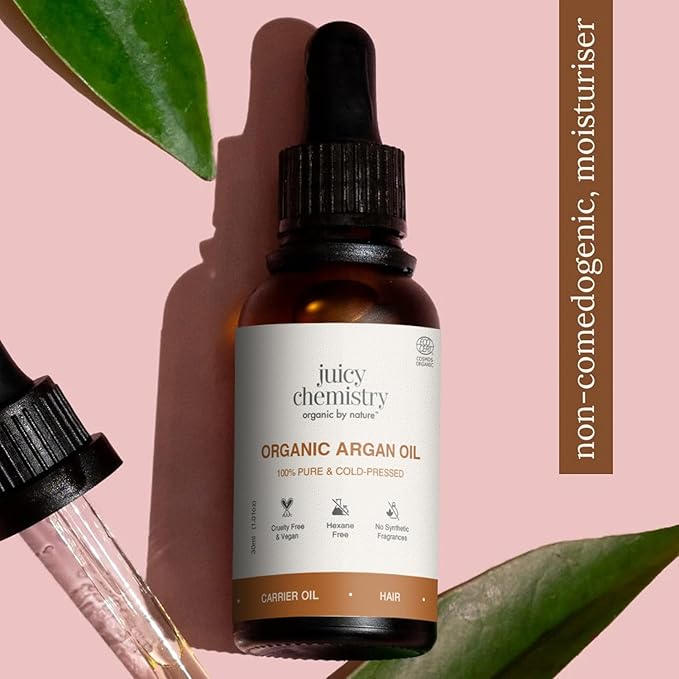 Juicy Chemistry Argan Oil, 30 ml | Pure, Cold-pressed & Organic Argan Oil for Moisturising Skin & Managing Dry, Frizzy Hair | Ecocert Certified Organic for Men & Women | Cruelty-free & 100% Vegan