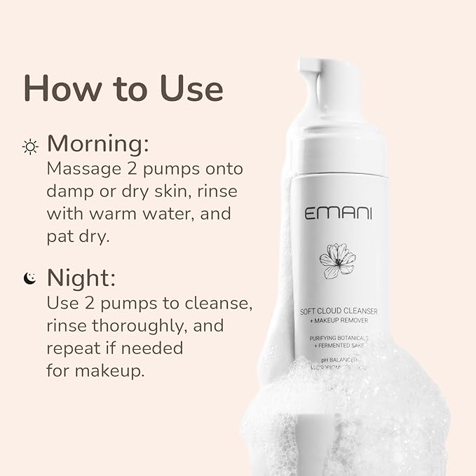 Emani Foaming Face Wash for Sensitive Skin Soft Cloud Foam Cleanser with Sake Fermentation & Botanicals - pH Balancing, SLS-Free, Vegan, Fragrance-Free Makeup & Sunscreen Remover, 150ml