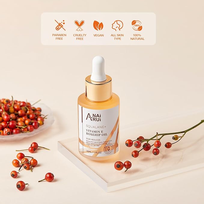 ANAI RUI Squalane + Vitamin E Rosehip Oil Moisturizer for Face,Hair,Skin& Nail Hydrate, Reduce Scars and Stretch Marks, Wrinkles for Smoother, Softer Skin 1 fl. Oz