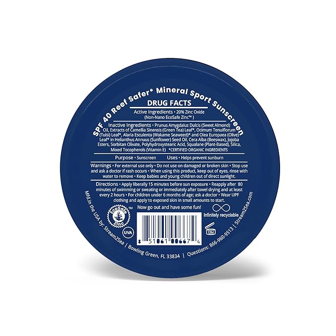 STREAM2SEA SPF40 Unscented Mineral Sport Sunscreen in Tin with EcoSafe Zinc for Face & Body, Natural Organic Biodegradable Coral Reef Safe Sunscreen, Travel Size, Mineral Based, 2 Pack