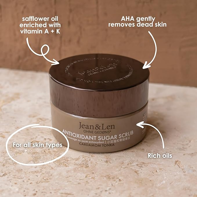 Jean & Len Antioxidant Sugar Scrub Cardamom & Tonka, for a fragrant cleansing experience, with rich oils, minimalistic jar, sugar scrub without parabens & silicones, 6.76 Fl. Oz.