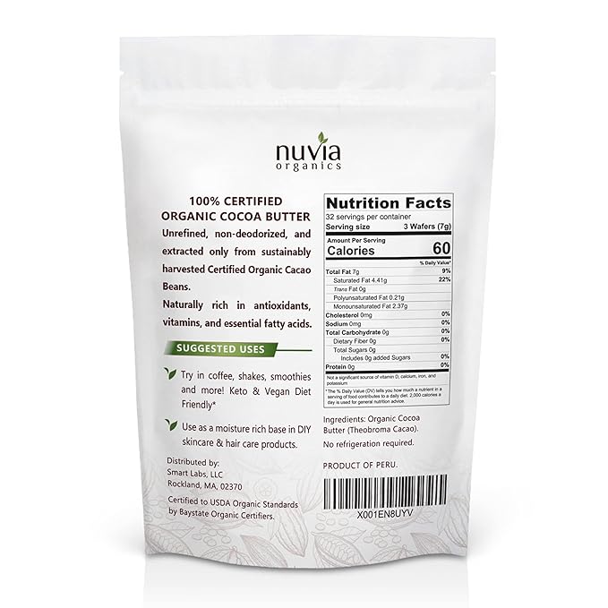 Nuvia Organics Cocoa Butter - 100% USDA Certified Organic, Wafer Form, Non-GMO, Unrefined, Gluten-Free, Food Grade, Edible, Keto, Vegan; 8oz