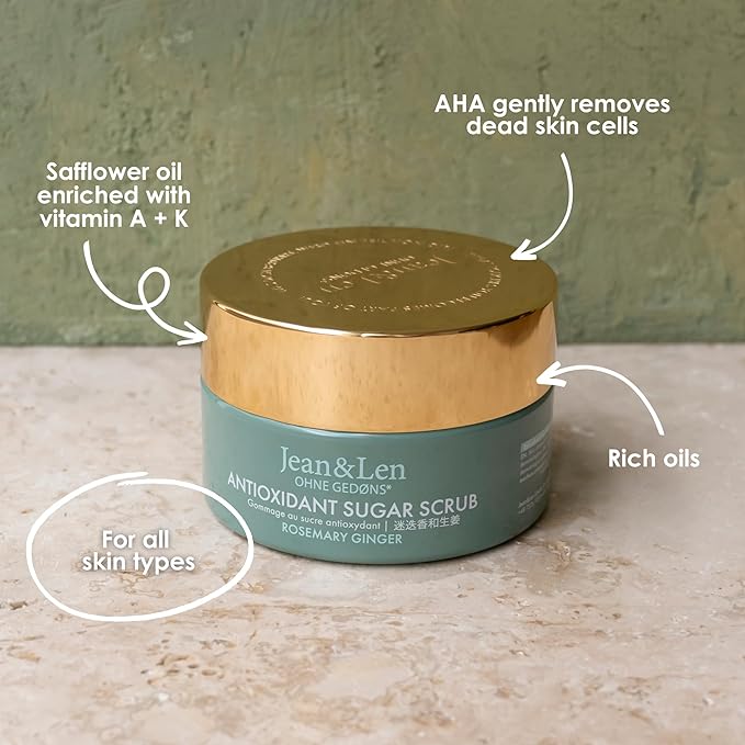 Jean & Len Antioxidant Salt Scrub Rosemary & Ginger, for a fragrant cleansing experience, with rich oils, minimalistic jar, salt scrub without parabens & silicones, 10.58 Fl. Oz.