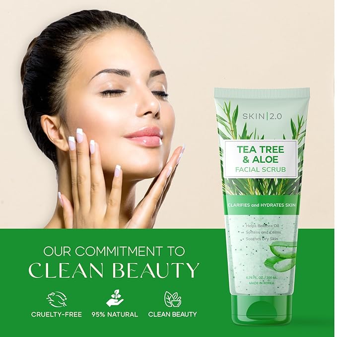 Skin 2.0 Tea Tree & Aloe Exfoliating Scrub - Dermatologist Tested, Multi-Tasking Cleanser, Clears Skin - Anti-Aging, Clean Beauty, Cruelty-Free Korean Skincare for All Skin Types - 6.76 Fl Oz / 200ML