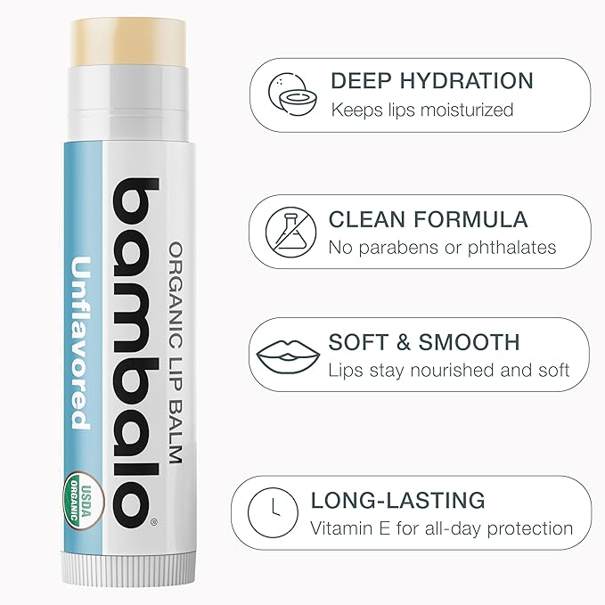 USDA Organic Lip Balm Unflavored 4-Pack by Bambalo – Beeswax, Coconut Oil, Vitamin E – Gentle Lip Repair Chapstick for Dry Lips – Moisturizing Care for Men and Women