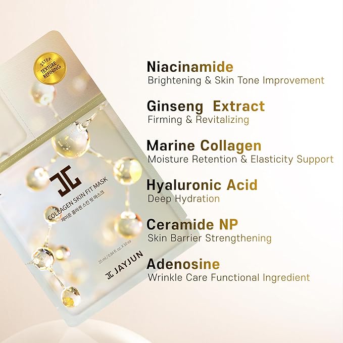 JAYJUN Collagen Skin Fit Mask (10 Sheets) – 2-Step All in one Hydration & Firming Ritual with Hyaluronic Acid & Marine Collagen 0.84 fl. oz.