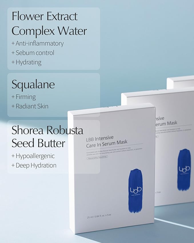 LBB Intensive Care In Serum Mask - Hypoallergenic Face Mask Sheet for Revitalizing, Long Lasting Moisturizing - Vegan Paper Mulberry Sheet - Squalane, Shea Butter, 5 Sheet