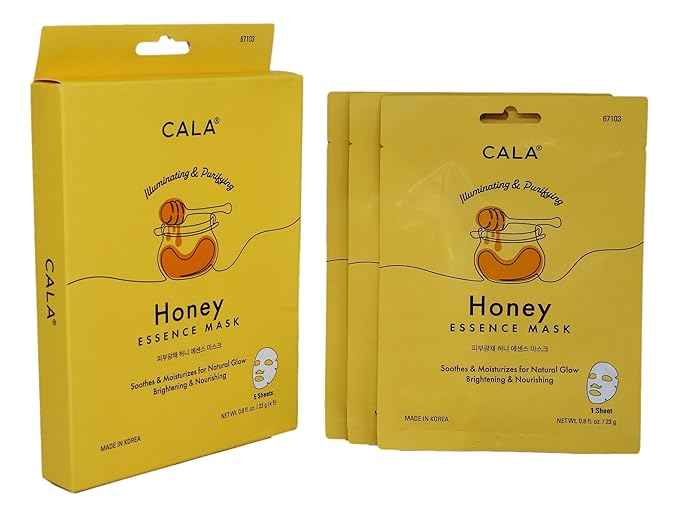 Cala Honey Essence Facial Sheet Masks, 5 Pack - Illuminating Vitamin B3 (Niacinamide) Face Masks, Ultra-Thin 5-Min No-Rinse Hydrating Sheets for Dry, Dull Skin