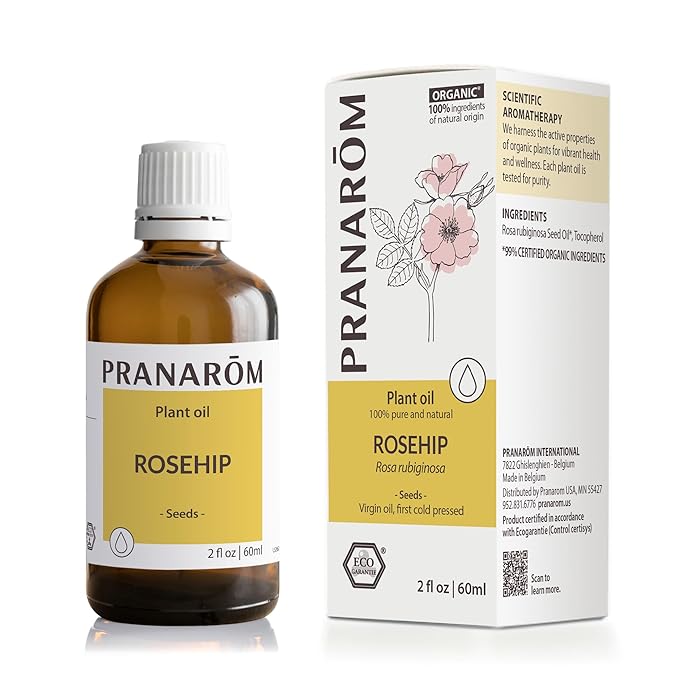 Pranarom - USDA Certified Organic Cold-Pressed Rosehip Virgin Plant Oil - 2 fl oz Glass Bottle - Massaging, Face, Hair & Skin, Unisex