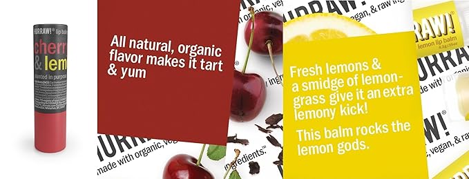 Hurraw! Cherry & Lemon Lip Balm: Plastic-Free with new cardboard push-up tube. Certified Organic, 100% Natural Origin, Vegan, and Cruelty Free. Gluten Free. Bee, Shea, Soy and Palm Free. Made in USA