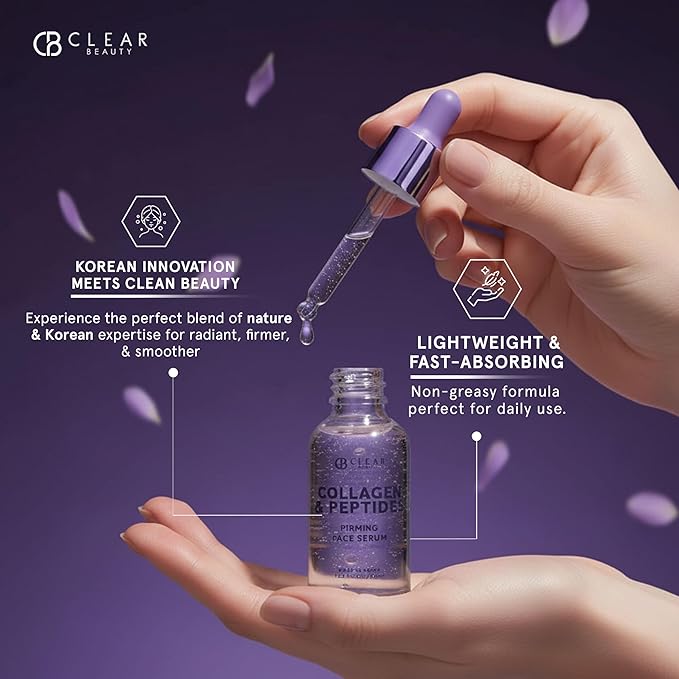 Clear Beauty Peptides Serum For Face With Collagen – Firming & Hydrating For Fine Lines & Wrinkles – Dermatologist Tested, Anti-Aging, Korean Skin Care – Vegan, Clean Beauty, Non-GMO – 1.69 Fl Oz