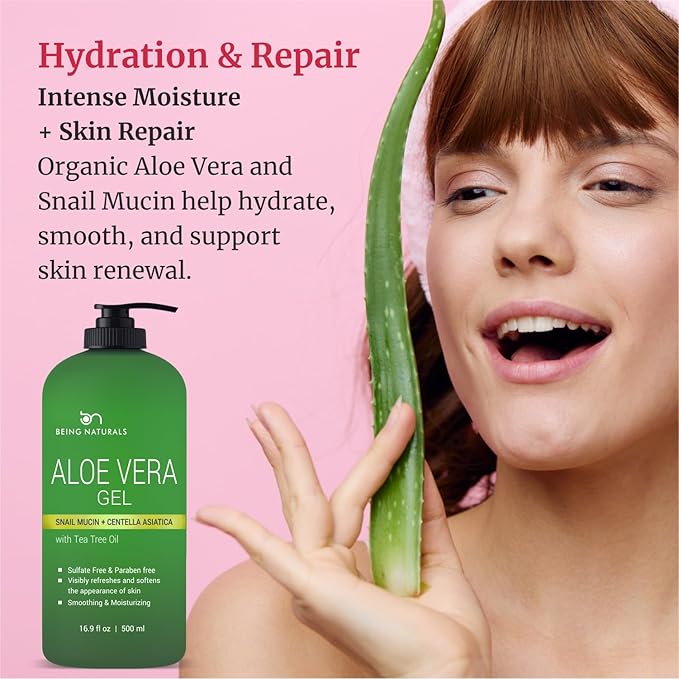 Being Naturals Aloe vera Gel - from 100% Pure Organic Aloe Infused with Snail Mucin/Centella Asiatica - Natural Raw Moisturizer for Face, Body, Hair. Perfect for Sunburn, Acne, Razor Bumps 16.9 fl oz