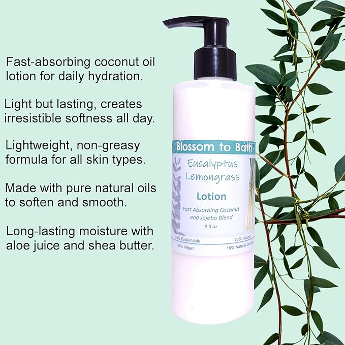 Blossom to Bath Eucalyptus Lemongrass Lotion (8 Ounce) - Pure Essential Oil Fragrance - Absorbs Quickly with a Herbally Clean Natural Scent