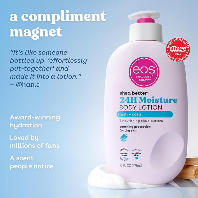 eos Shea Better Body Lotion, Fresh & Cozy, 24-Hour Moisture Skin Care, Lightweight & Non-Greasy, Natural Shea, Vegan, 16 fl oz