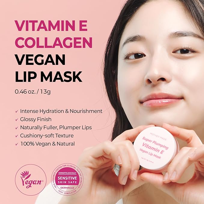 MOTHER MADE Vitamin E Vegan Lip Mask Lip Care Balm,with Organic Shea Butter, Natural Oils, Vegan Collagen, Gifts for Women, Korean Skin Care, 0.46 fl.oz.