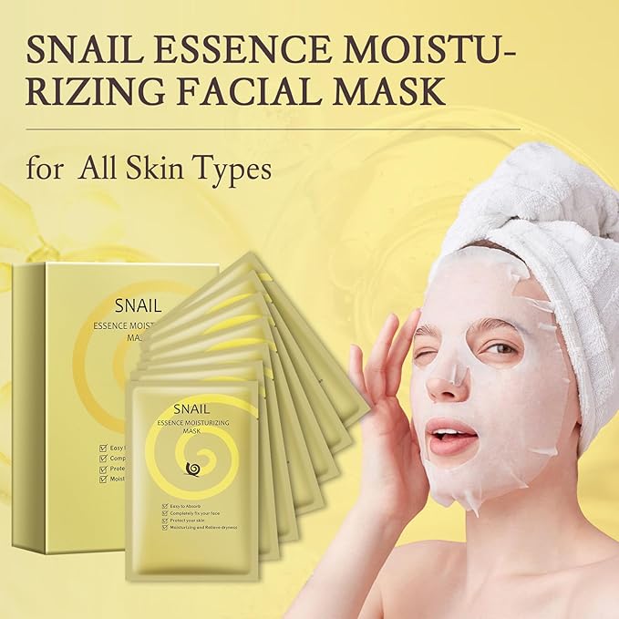 Hydrating Facial Masks Skincare for Women,Snail Face Mask Sheet Skincare,Moisturizing Face Mask for All Skin Types (10-Packs)