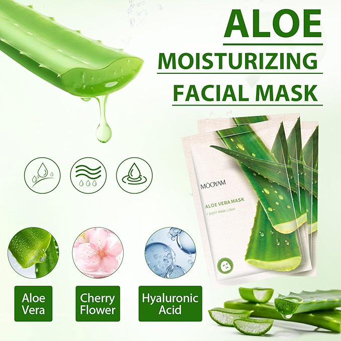 Hydrating Facial Masks Skincare for Women,Aloe Vera Face Mask Sheet Skincare,Moisturizing Face Mask for All Skin Types (10-Packs)