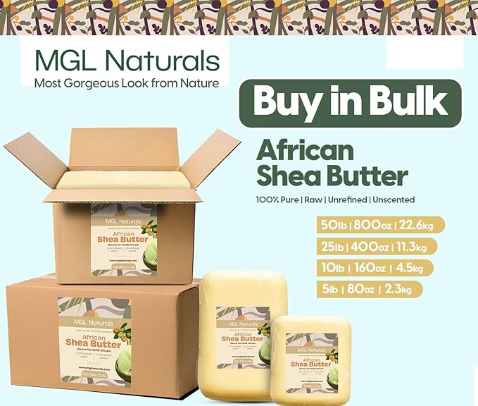 MGL Naturals Raw African Shea Butter Ivory 25 lb, 100% Pure and Unrefined. Nourish and moisturize skin and hair. Use alone or DIY recipes. From Ghana (25 lb)