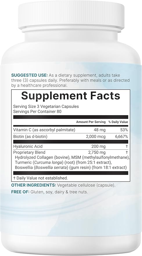 Micro Ingredients Hyaluronic Acid Complex, 240 Vegetarian Capsules | with Collagen, MSM, Vitamin C, Biotin, Turmeric & Boswellia | Non-GMO, Filler-Free, cGMP Manufactured & Lab Tested