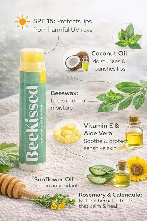 USDA Organic Lip Balm, Eucalyptus Mint with SPF 15, Beeswax, Coconut Oil, Vitamin E & Aloe Vera, 2-Pack (0.15 oz each)