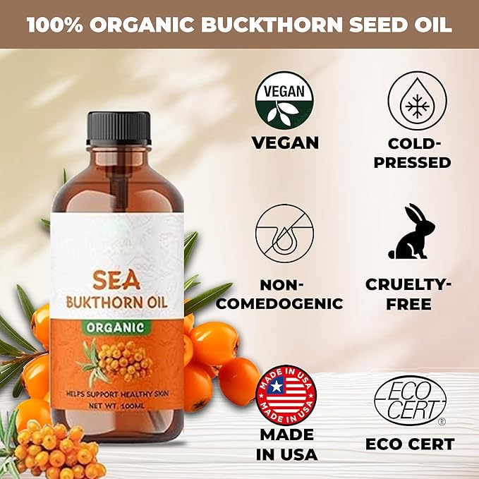 ABBASI & CO Sea Buckthorn Oil 100ml - 100% Pure, Raw, Virgin, Cold-Pressed, Non-Comedogenic, Fast-Absorbing, Skin & Hair Rejuvenation, Rich in Omega Fatty Acids & Antioxidants - Travel Size
