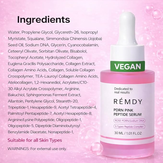 PDRN Serum (Sodium DNA) – 99% Naturally Derived Vegan Korean PDRN Pink Peptide Serum with Multi-Peptide Complex & Hyaluronic— +73.82% Barrier Support, −33% Wrinkle & −39.11% Pore Reduction(1.01 fl oz)