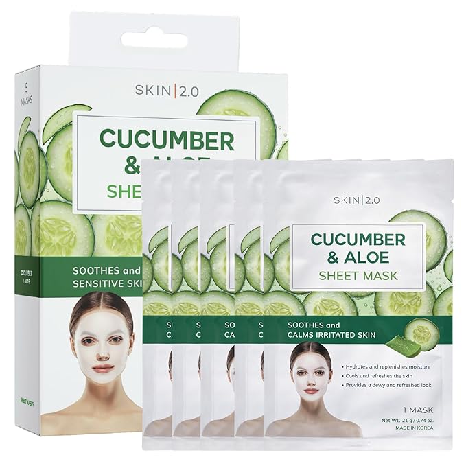 Skin 2.0 Cucumber & Aloe Face Mask – Dermatologist Tested, Anti Aging, Korean Skin Care – Hydrating, Moisturizing, Cooling & Calming For Sensitive, Supple Skin – Vegan, Clean Beauty – 5 Count