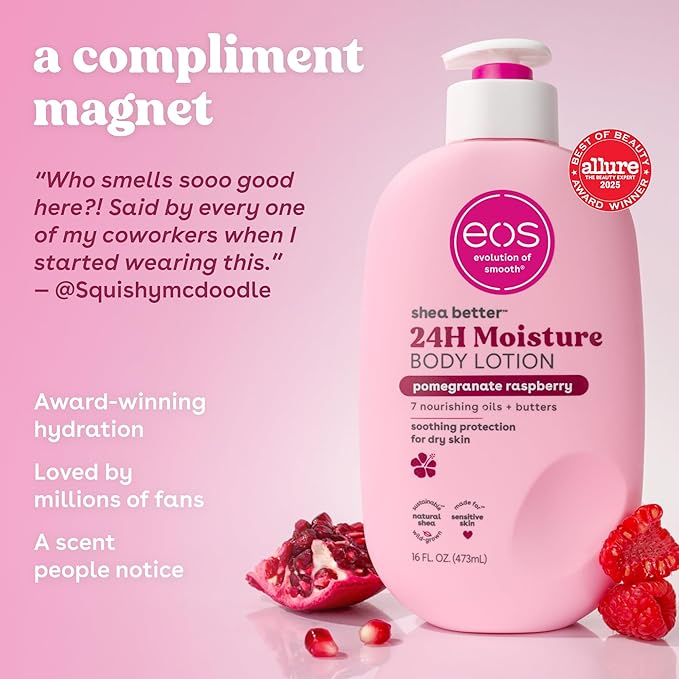 eos Shea Better Body Lotion Pomegranate Raspberry, 24-Hour Moisture Skin Care, Lightweight & Non-Greasy, Natural Shea, Vegan, 16 fl oz