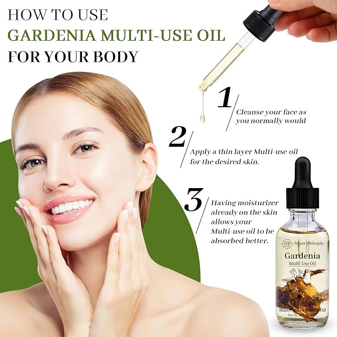 NP NATURES PHILOSOPHY Gardenia Multi-Use Oil for Face, Body and Hair - Organic Plant Fragrant Essential Oil for Dry Skin, Scalp and Nails - 2 Fl Oz