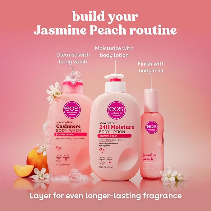 eos Shea Better Body Lotion Jasmine Peach, 24-Hour Moisture Skin Care, Lightweight & Non-Greasy, Natural Shea, Vegan, 16 fl oz