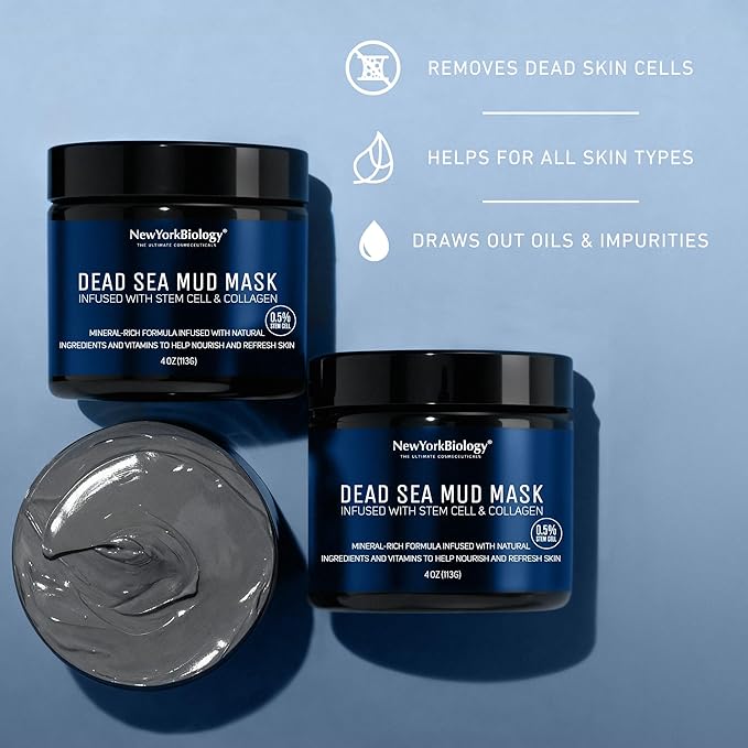 New York Biology Dead Sea Mud Mask for Face, Body | with Stem Cell and Collagen | Spa Quality Pore Refiner for Oily Skin | Natural Skincare for Women, Men | Tighten Skin | 4 oz