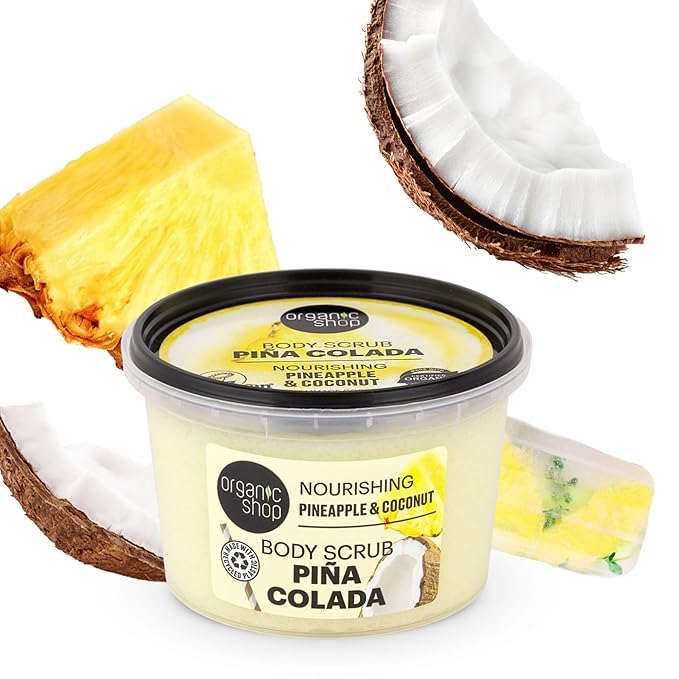 Organic Shop Coconut & Pineapple, Nourishing & Exfoliating Body Scrub, 100% Vegan & Organic, Daily Exfoliant, Detox & Moisturizer, Body, Face, Hand & Foot, Intensive Care & Skin Toning. 250ml.