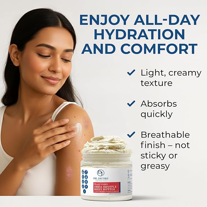 Dr. Jacobs Naturals Shea Soufflé Body Butter for Men and Women - Whipped Shea Butter for Skin Moisture and Softness Without Thick, Greasy Feel - Plant-Based Gentle Formula - Unscented