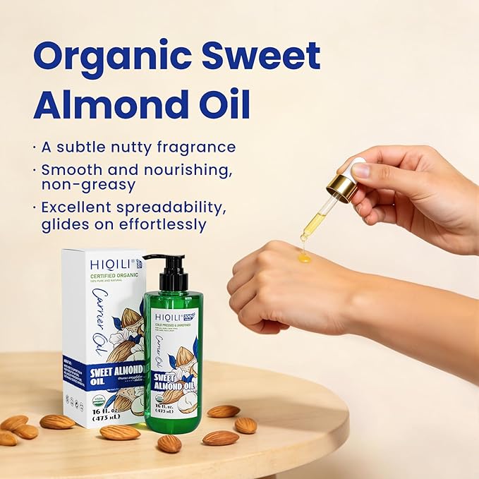 HIQILI Sweet Almond Oil for Skin, Hair, Body, 100% Pure Organic Carrier Oil for Essential Oils Mixing, Hexane Free, Unscented - 16 Fl Oz