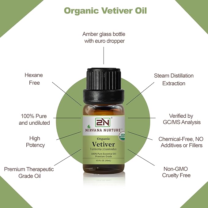 Vetiver Essential Oil, USDA Certified Organic, 100% Pure Undiluted, Aromatherapy Oil for Diffuser, Hair & Skin Care