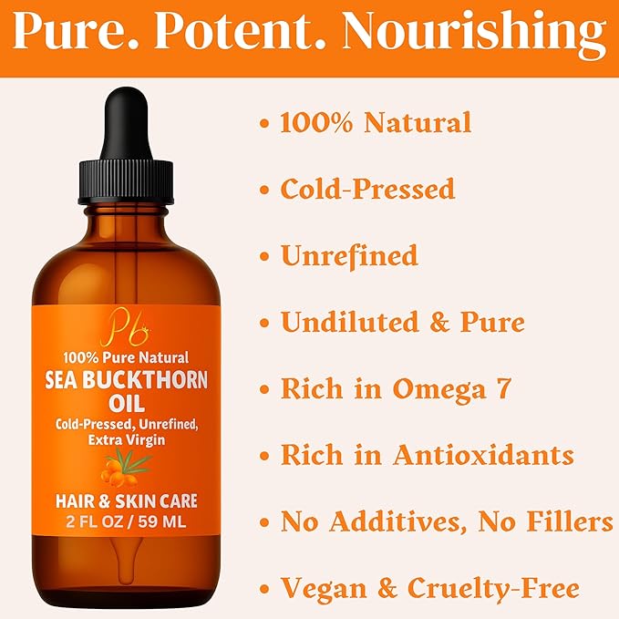 Pomberries Sea Buckthorn Oil – 100% Pure Cold-Pressed from Fruit & Seed – Sea Buckthorn Seed Oil for Face, Hair, Skin & Nails – Supports Radiant, Youthful-Looking Skin – Amber Glass Bottle 2 fl oz