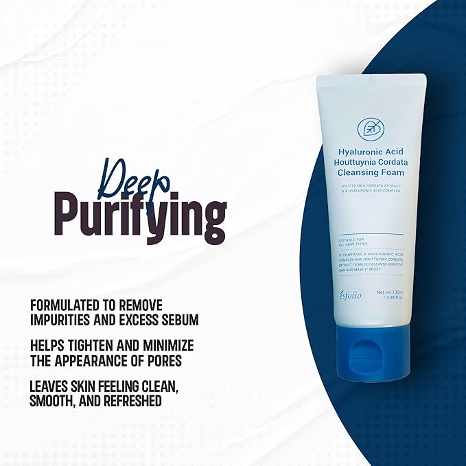 esfolio Hyaluronic Acid & Houttuynia Cordata Cleansing Foam – Gentle Daily Face Wash for Hydration & Clarity | Refreshing Korean Skincare Cleanser for All Skin Types (5.29oz-150ml)