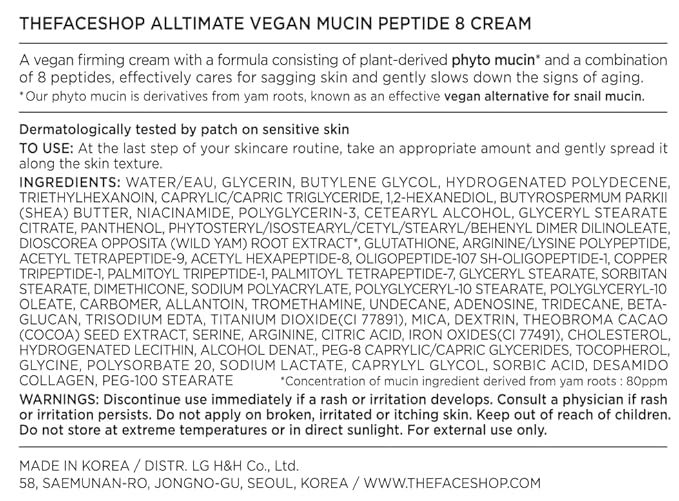 The Face Shop 8 Peptide Moisturizer, Vegan Mucin for Nourishing & Firming, Moisturizing Cream for All Skin Types, Korean Skin Care, 50 ml / 1.69fl. oz