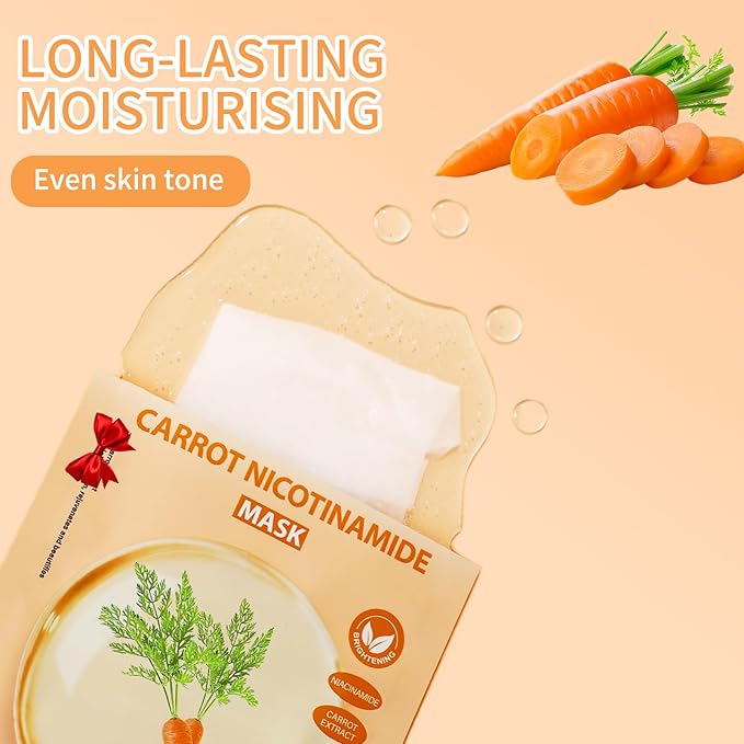 Face Masks Skincare, Pack of 5 Sheet Masks, Hydrating Facial Mask for All Skin Types, Long-lasting Moisturizing, Soothing, Even Skin Tone, Carrot