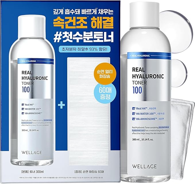 WELLAGE Real Hyaluronic Toner 100 for face, Korean Beauty Toner, 93% Hyaluronic Acid Water, Hydrating for Dry Skin - Deep, Quick Absorption, Hypoallergenic, 10.1 fl.oz + Cotton Pads 60ea