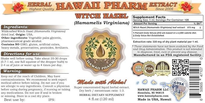 Witch Hazel Liquid Extract, Witch Hazel (Hamamelis Virginiana) Tincture, Herbal Supplement, Hawaii Pharm, Made in USA, 15x4 fl.oz