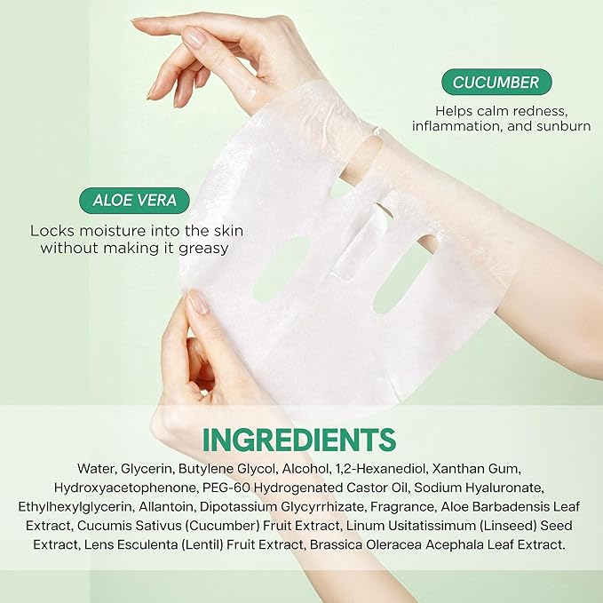 Skin 2.0 Cucumber & Aloe Face Mask – Dermatologist Tested, Anti Aging, Korean Skin Care – Hydrating, Moisturizing, Cooling & Calming For Sensitive, Supple Skin – Vegan, Clean Beauty – 5 Count