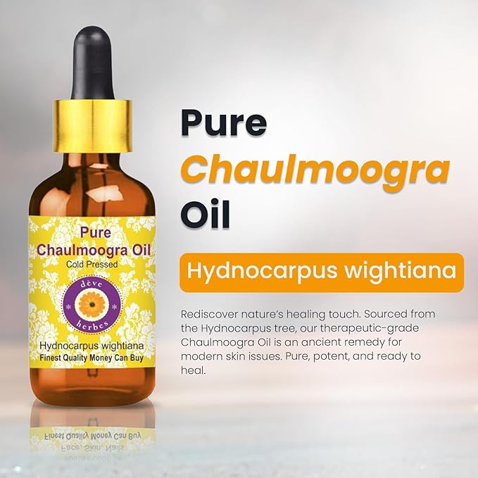 Deve Herbes Chaulmoogra Oil (Hydnocarpus wightiana) with Glass Dropper | Cold Pressed | Pure | Natural | for Diluting Essential Oils | Skin & Massage | Non-Sticky | Lightweight | Unisex | 30ml (1 oz)