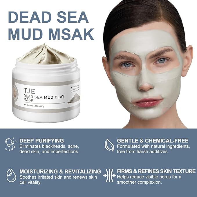 TJE Dead Sea Mud Mask, Deep Cleansing Facial Clay Mask for Acne, Blackheads, Minimize Pores, Moisturizing, Purifying Clay Masks for Dull & Tired Skin