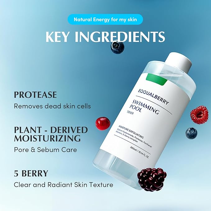 EQQUALBERRY Swimming Pool Toner - Korean Toner for Daily Exfoliating & Deep Hydration with Natural Enzyme Protease & Hyaluronic Acid, for Sensitive Skin, 10.14 Fl Oz (300ml)