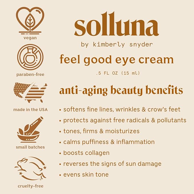 Solluna by Kimberly Snyder Anti-Aging Eye Cream — Plant Based Under Eye Treatment with Hyaluronic Acid, Ashwagandha, Calendula & Eyebright Botanicals (0.5oz) Non-Toxic, Cruelty-Free, Vegan & Non-GMO