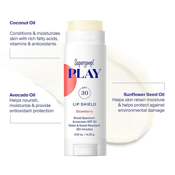 Supergoop! PLAY Lip Shield SPF 30 with Mint, Strawberry & Coconut - 3 Pack - Lip Balm - Moisturizing Treatment For Dry Cracked Lips - Broad Spectrum UV Protection
