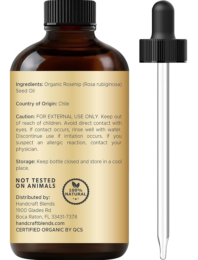 Handcraft Blends Organic Rosehip Oil - 1 Fl Oz - 100% Pure and Natural - Premium Grade Oil for Face, Skin and Hair - Protect and Nourish - Carrier Oil