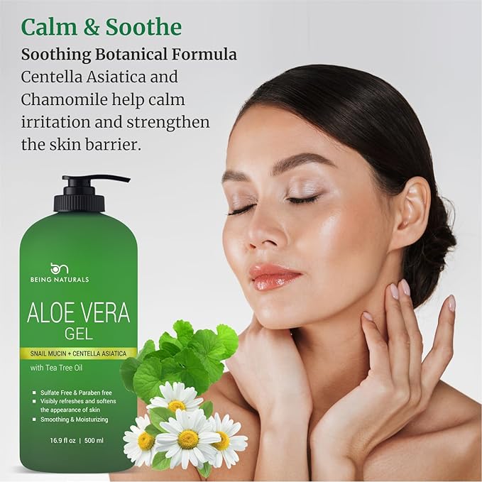 Being Naturals Aloe vera Gel - from 100% Pure Organic Aloe Infused with Snail Mucin/Centella Asiatica - Natural Raw Moisturizer for Face, Body, Hair. Perfect for Sunburn, Acne, Razor Bumps 16.9 fl oz